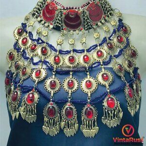 Red Choker Necklace, Vintage Layered Oversized Necklace With Red Glass Stones,